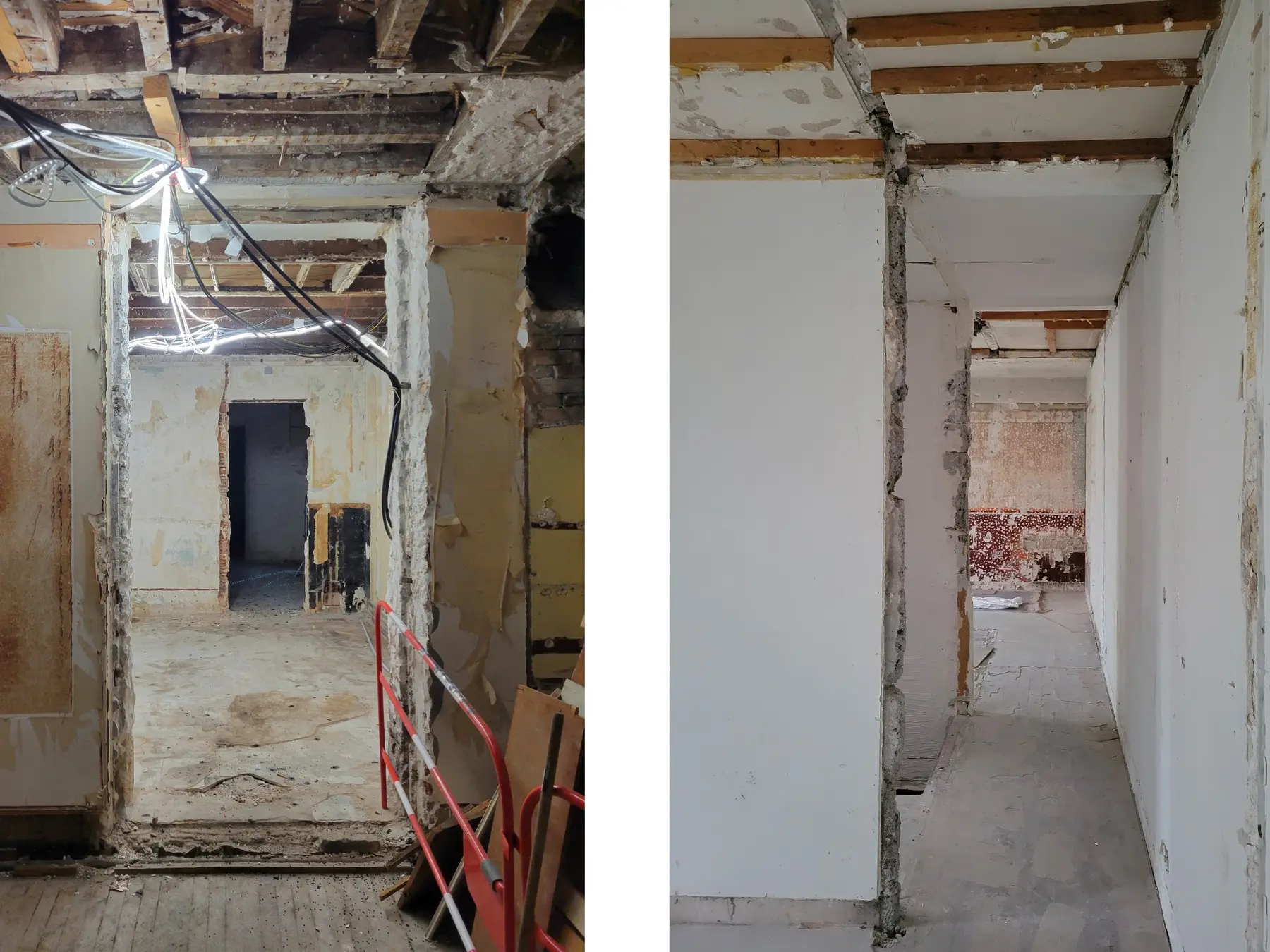 Chantier EDNA de rénovation lourde avec volumes démolis et réseaux apparents